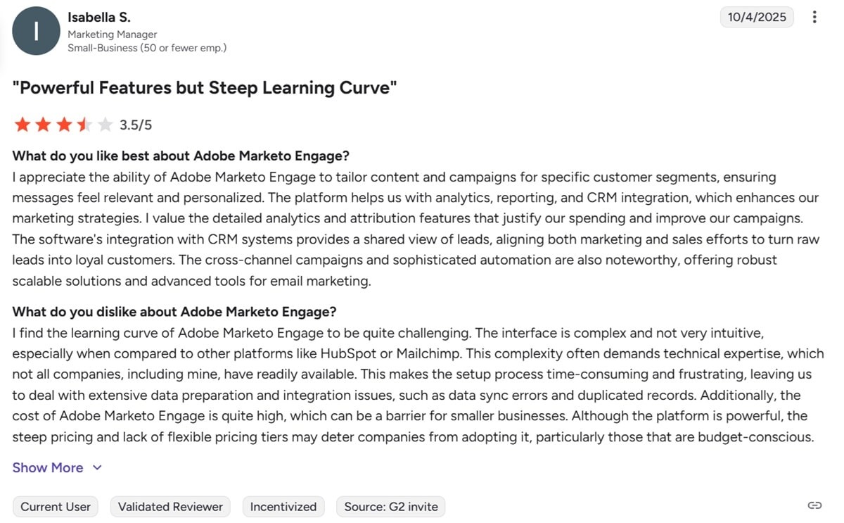 User review showing Adobe Marketo requires specialized expertise and technical knowledge to operate effectively